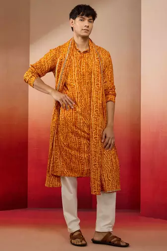 mustard bandhani kurta set with cream pant and dupatta - festive collection