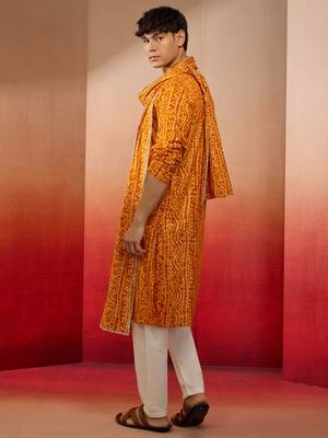 mustard bandhani kurta set with cream pant and dupatta - festive collection 5