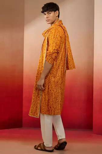 mustard bandhani kurta set with cream pant and dupatta - festive collection
