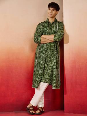 green bandhani kurta set with cream pant and dupatta - traditional collection 1
