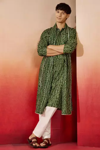 green bandhani kurta set with cream pant and dupatta - traditional collection