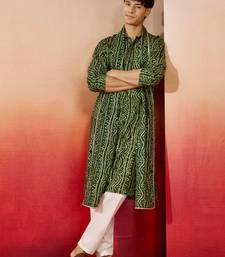 green bandhani kurta set with cream pant and dupatta - traditional collection