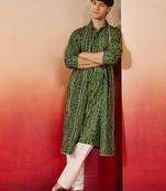green bandhani kurta set with cream pant and dupatta - traditional collection