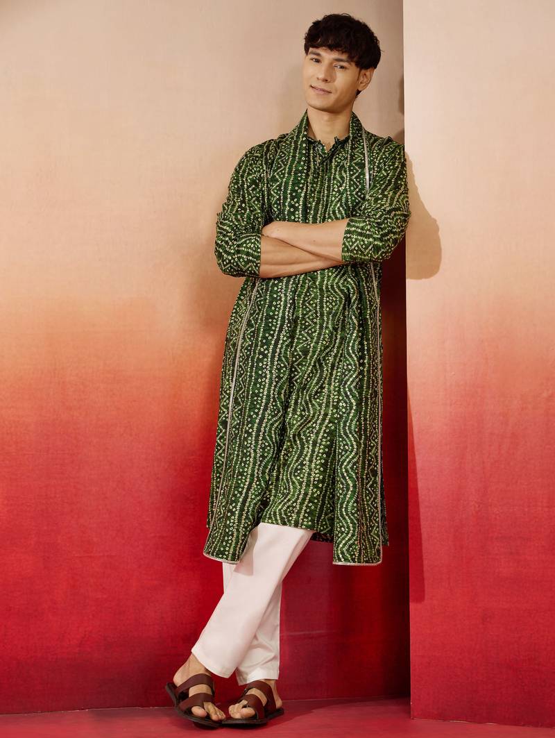 green bandhani kurta set with cream pant and dupatta - traditional collection