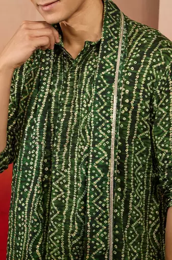 green bandhani kurta set with cream pant and dupatta - traditional collection