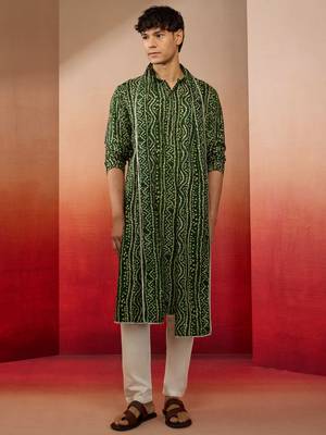 green bandhani kurta set with cream pant and dupatta - traditional collection 3