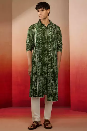 green bandhani kurta set with cream pant and dupatta - traditional collection