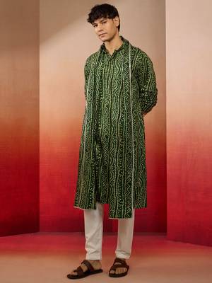 green bandhani kurta set with cream pant and dupatta - traditional collection 4