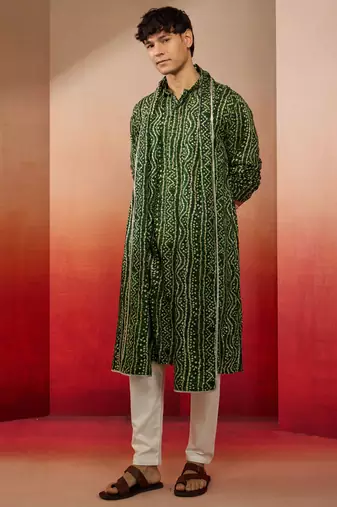 green bandhani kurta set with cream pant and dupatta - traditional collection