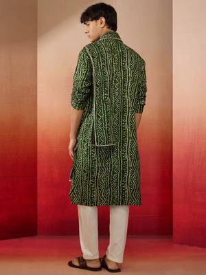 green bandhani kurta set with cream pant and dupatta - traditional collection 5