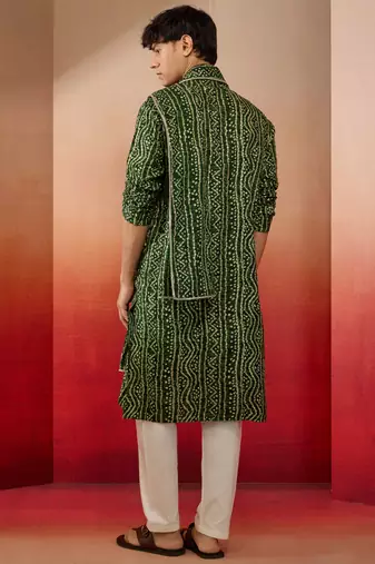 green bandhani kurta set with cream pant and dupatta - traditional collection