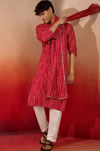 falsa bandhani kurta set with cream pant and dupatta - festive ethnic wear