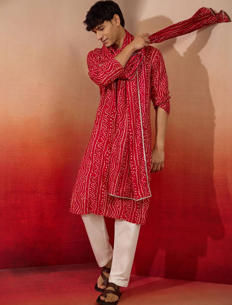 falsa bandhani kurta set with cream pant and dupatta - festive ethnic wear