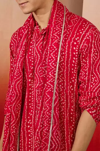 falsa bandhani kurta set with cream pant and dupatta - festive ethnic wear