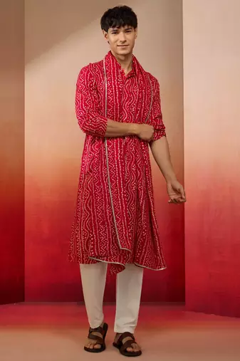 falsa bandhani kurta set with cream pant and dupatta - festive ethnic wear