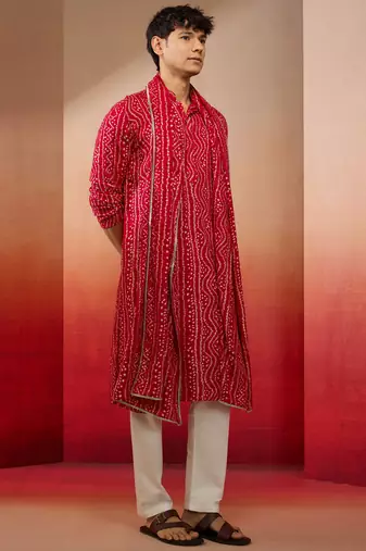 falsa bandhani kurta set with cream pant and dupatta - festive ethnic wear