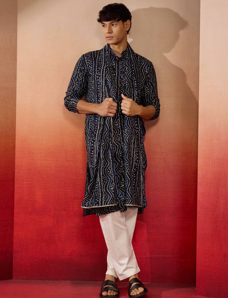 blue bandhani kurta set with cream pant and dupatta - traditional ethnic wear