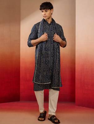 blue bandhani kurta set with cream pant and dupatta - traditional ethnic wear 3