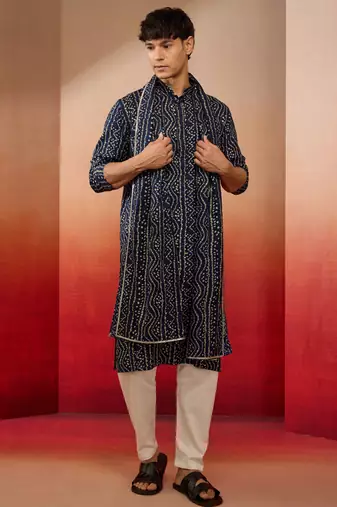 blue bandhani kurta set with cream pant and dupatta - traditional ethnic wear