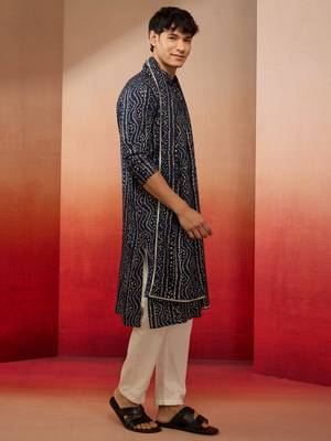 blue bandhani kurta set with cream pant and dupatta - traditional ethnic wear 4