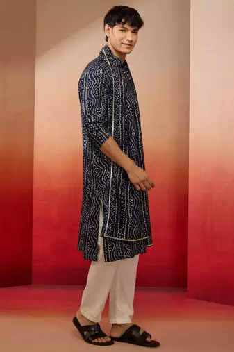 blue bandhani kurta set with cream pant and dupatta - traditional ethnic wear