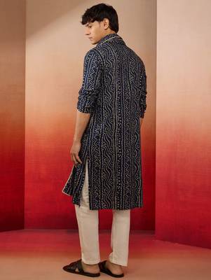 blue bandhani kurta set with cream pant and dupatta - traditional ethnic wear 5