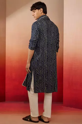 blue bandhani kurta set with cream pant and dupatta - traditional ethnic wear