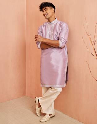Purple silk kurta pyjama set - hand embroidery ethnic motif traditional festival wear 1