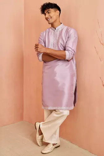 Purple silk kurta pyjama set - hand embroidery ethnic motif traditional festival wear