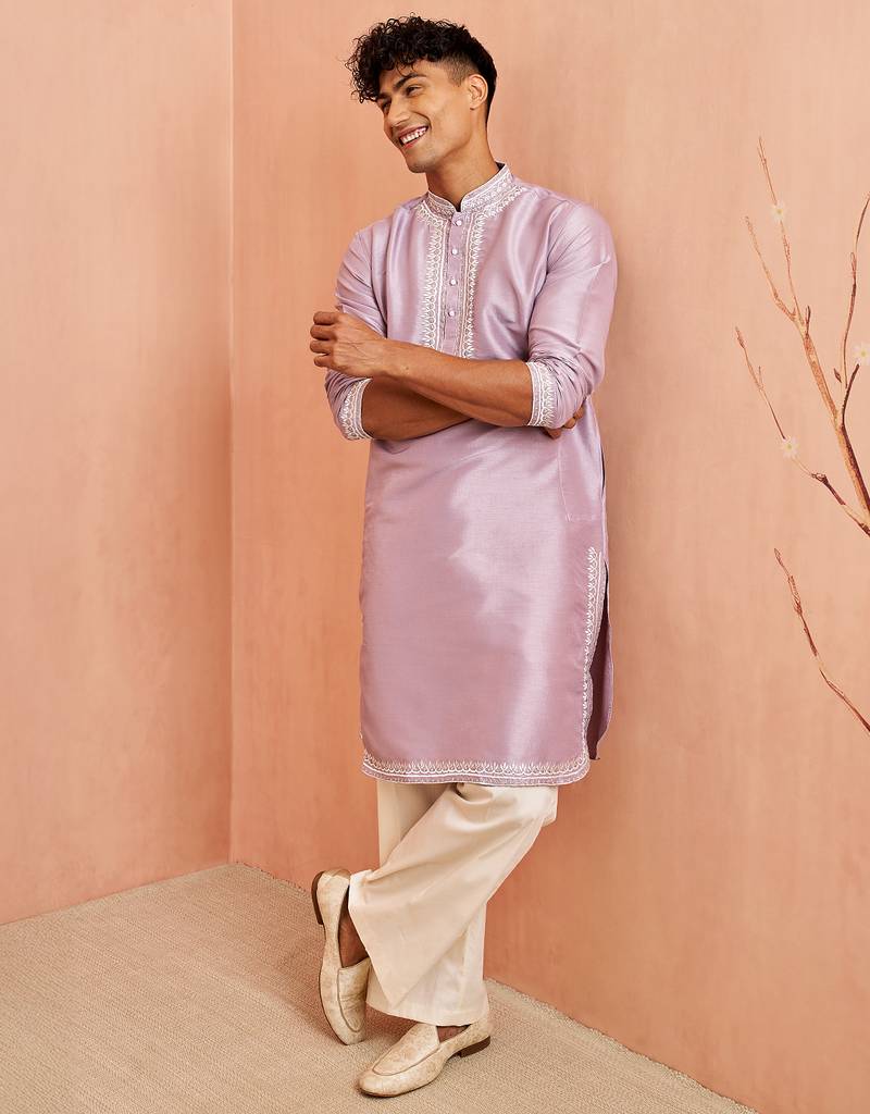 Purple silk kurta pyjama set - hand embroidery ethnic motif traditional festival wear
