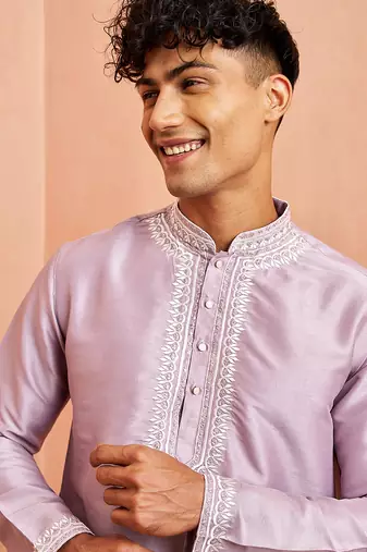 Purple silk kurta pyjama set - hand embroidery ethnic motif traditional festival wear