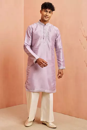 Purple silk kurta pyjama set - hand embroidery ethnic motif traditional festival wear