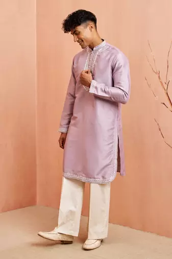 Purple silk kurta pyjama set - hand embroidery ethnic motif traditional festival wear
