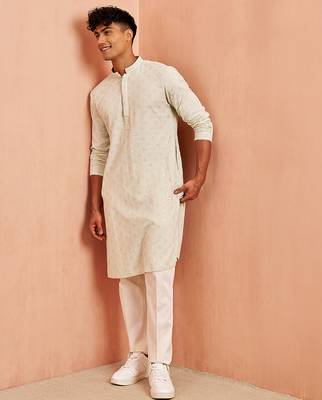 pista green chikankari kurta with cream pant - embroidered festive set 1