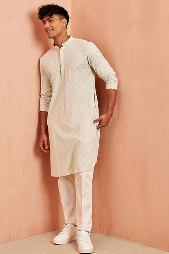 pista green chikankari kurta with cream pant - embroidered festive set