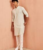 pista green chikankari kurta with cream pant - embroidered festive set