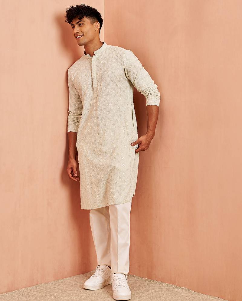 pista green chikankari kurta with cream pant - embroidered festive set