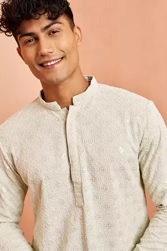 pista green chikankari kurta with cream pant - embroidered festive set