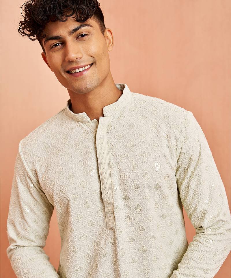 pista green chikankari kurta with cream pant - embroidered festive set