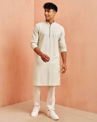 pista green chikankari kurta with cream pant - embroidered festive set 3
