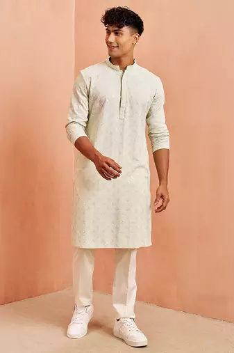 pista green chikankari kurta with cream pant - embroidered festive set