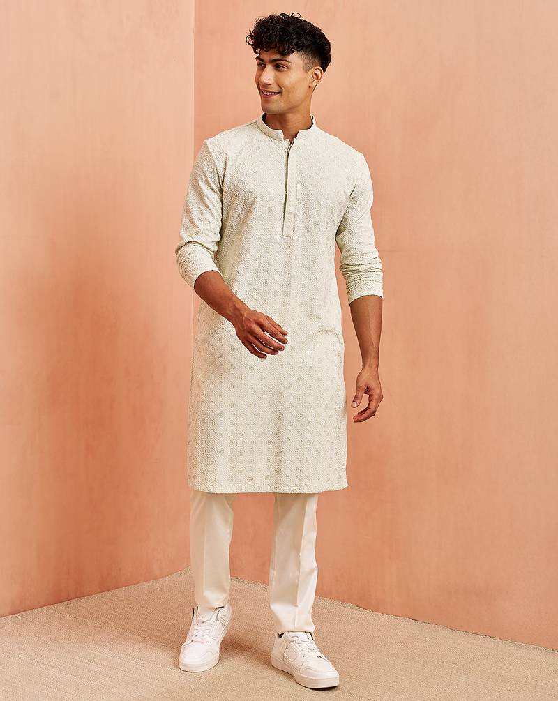 pista green chikankari kurta with cream pant - embroidered festive set