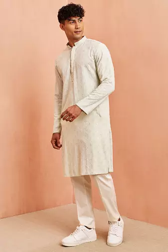 pista green chikankari kurta with cream pant - embroidered festive set