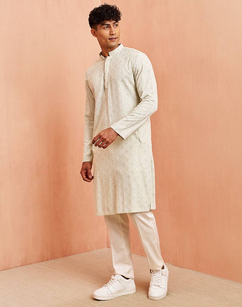 pista green chikankari kurta with cream pant - embroidered festive set
