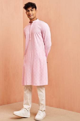 pink chikankari kurta with cream pant - traditional embroidered set