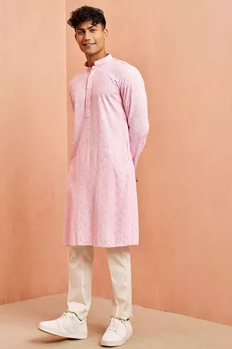 pink chikankari kurta with cream pant - traditional embroidered set