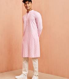 pink chikankari kurta with cream pant - traditional embroidered set