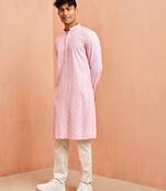 pink chikankari kurta with cream pant - traditional embroidered set