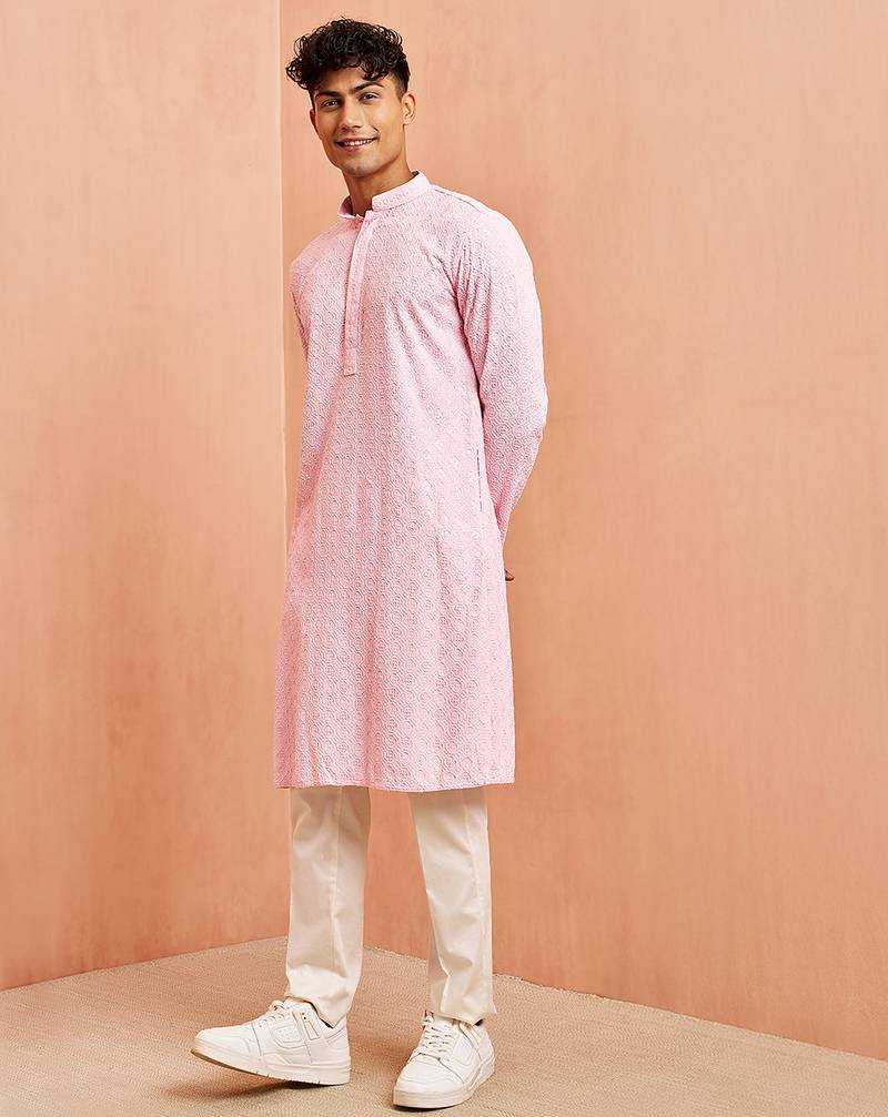 pink chikankari kurta with cream pant - traditional embroidered set