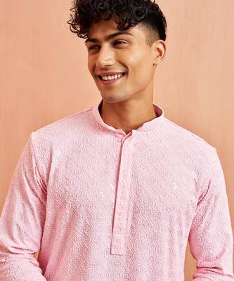 pink chikankari kurta with cream pant - traditional embroidered set 2